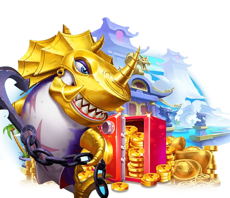 Ảnh chụp màn hình game Thần Tài Bắn Cá, với hình ảnh Thần Tài và các kho báu dưới biển